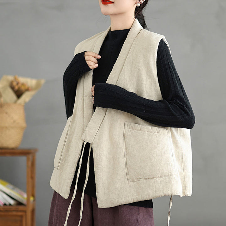 Buddha Stones Plain Lace-up Women's Sleeveless Cotton Vest Waistcoat With Pockets - image 22