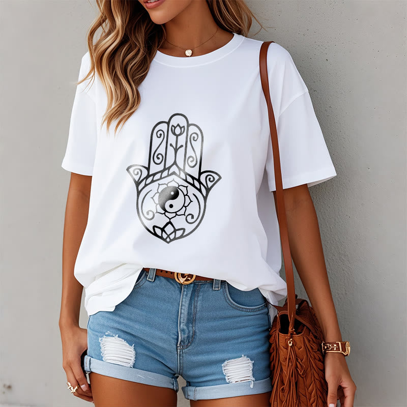 Buddha Stones Hamsa Hand Yin Yang Pattern Tee Cotton T-shirt - image 10