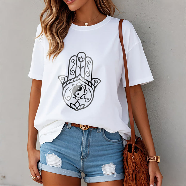 Buddha Stones Hamsa Hand Yin Yang Pattern Tee Cotton T-shirt - image 10