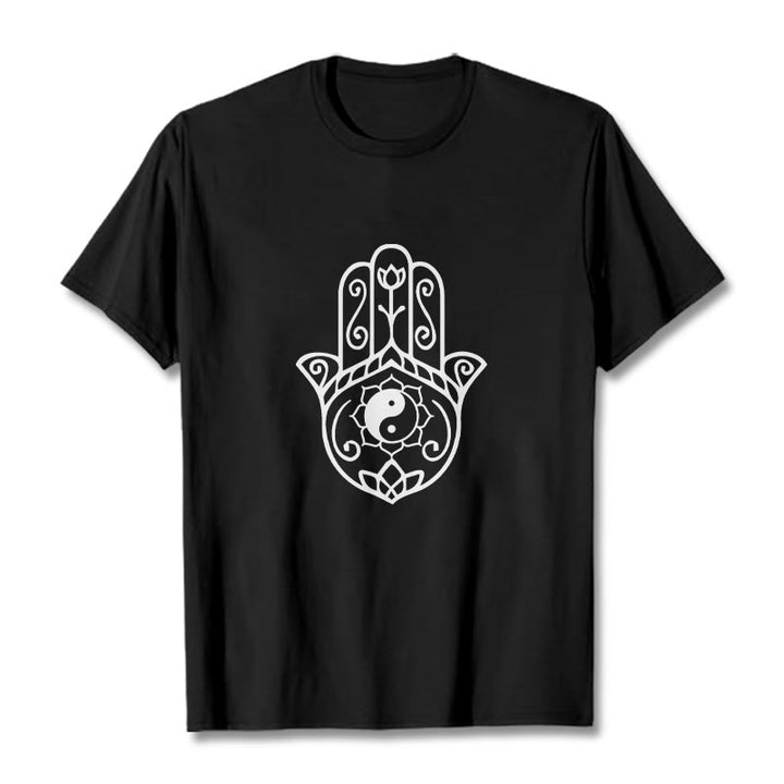 Buddha Stones Hamsa Hand Yin Yang Pattern Tee Cotton T-shirt - Black - 2XL - image 4