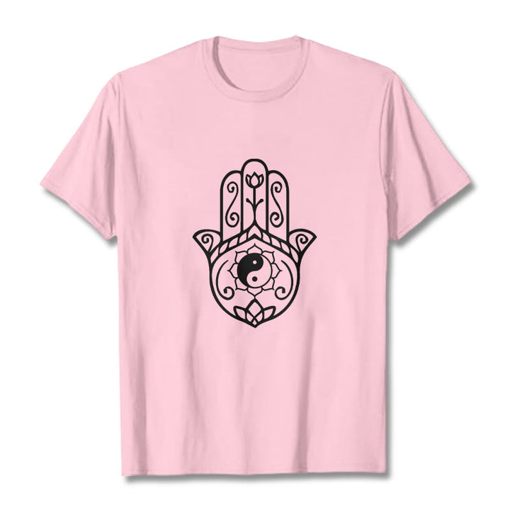 Buddha Stones Hamsa Hand Yin Yang Pattern Tee Cotton T-shirt - LightPink - 2XL - image 13
