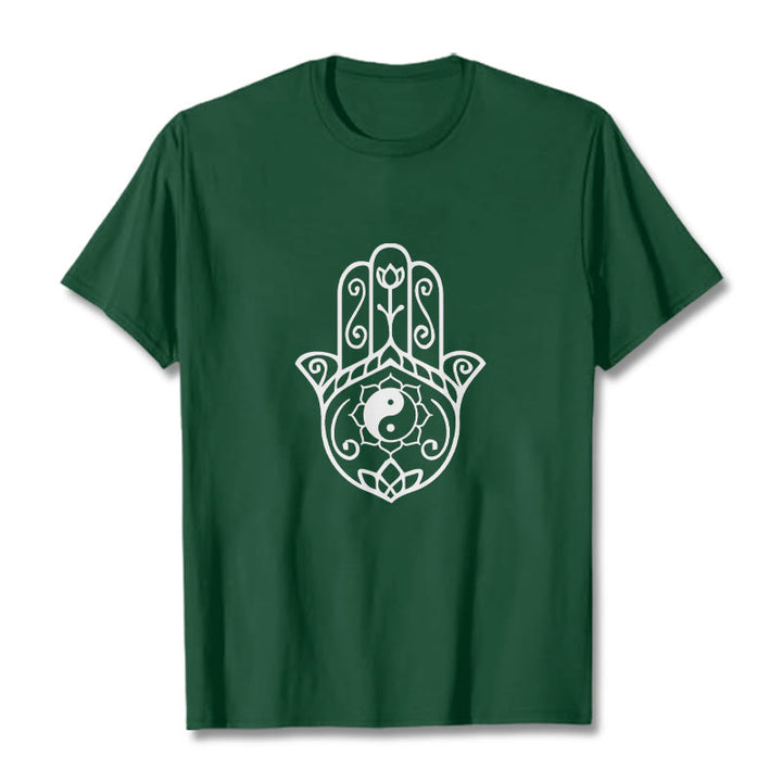 Buddha Stones Hamsa Hand Yin Yang Pattern Tee Cotton T-shirt - ForestGreen - 2XL - image 1