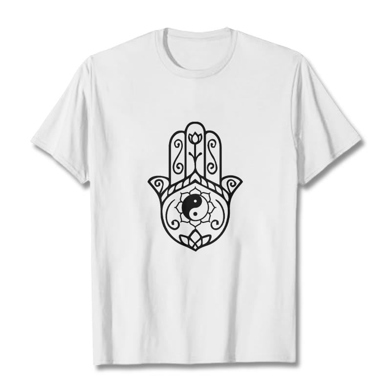Buddha Stones Hamsa Hand Yin Yang Pattern Tee Cotton T-shirt - White - 2XL - image 8