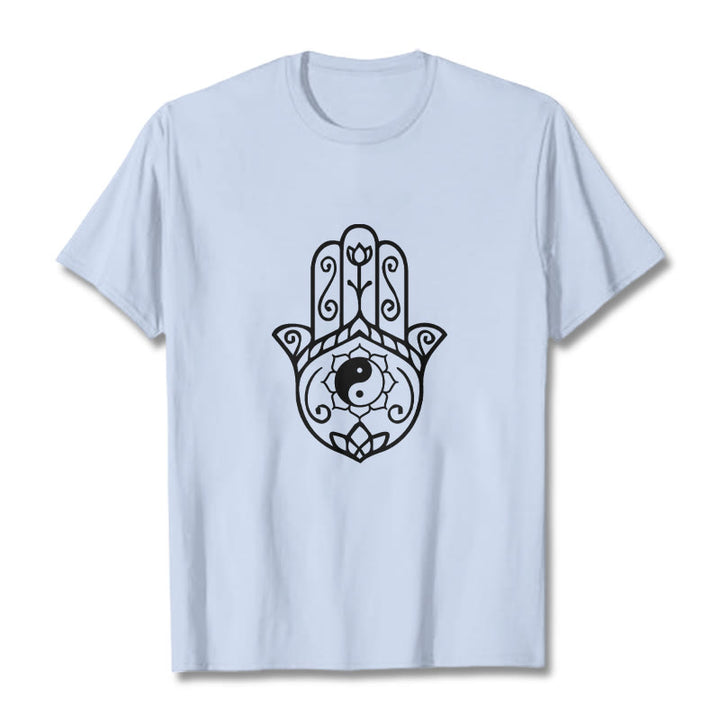 Buddha Stones Hamsa Hand Yin Yang Pattern Tee Cotton T-shirt - LightCyan - 2XL - image 19