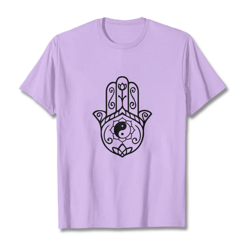Buddha Stones Hamsa Hand Yin Yang Pattern Tee Cotton T-shirt - Plum - 2XL - image 17