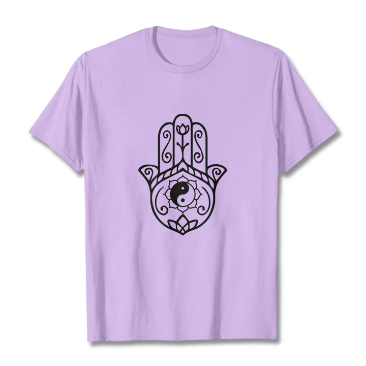 Buddha Stones Hamsa Hand Yin Yang Pattern Tee Cotton T-shirt - Plum - 2XL - image 17