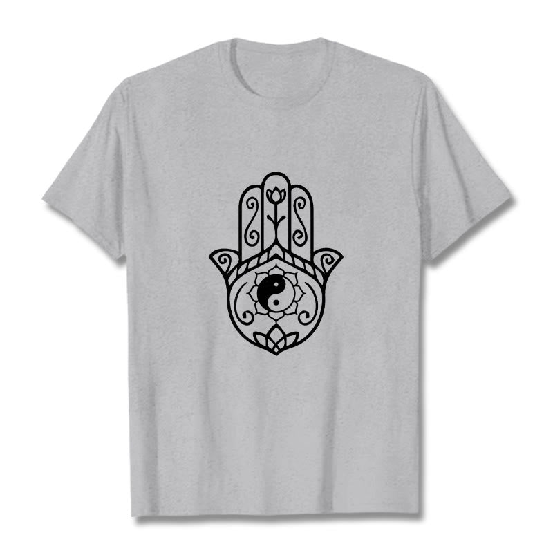 Buddha Stones Hamsa Hand Yin Yang Pattern Tee Cotton T-shirt - LightGrey - 2XL - image 20