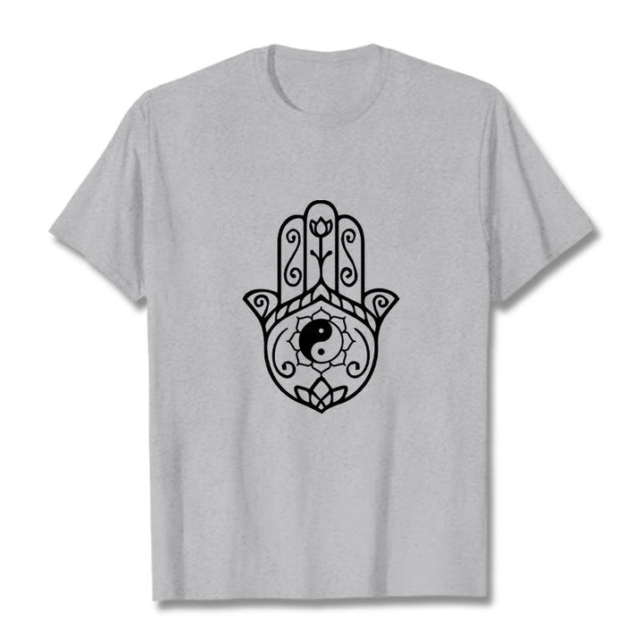 Buddha Stones Hamsa Hand Yin Yang Pattern Tee Cotton T-shirt - LightGrey - 2XL - image 20
