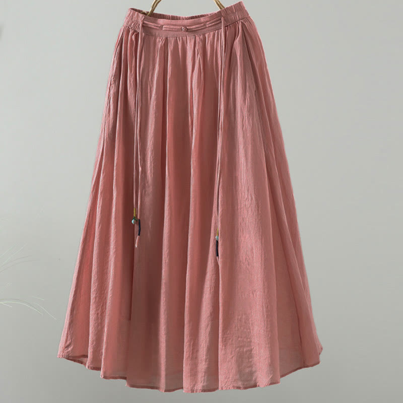 Buddha Stones Summer Retro Pure Color Tassel Design Women's Skirt With Pockets - Salmon - US12,UK/AU16,EU44 (2XL) - image 11
