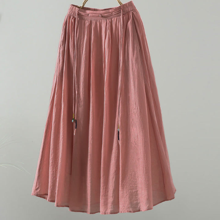 Buddha Stones Summer Retro Pure Color Tassel Design Women's Skirt With Pockets - Salmon - US12,UK/AU16,EU44 (2XL) - image 11