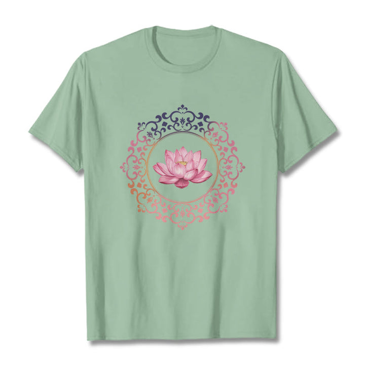 Buddha Stones Mandala Pink Lotus Pattern Tee Cotton T-shirt - PaleGreen - 2XL - image 14