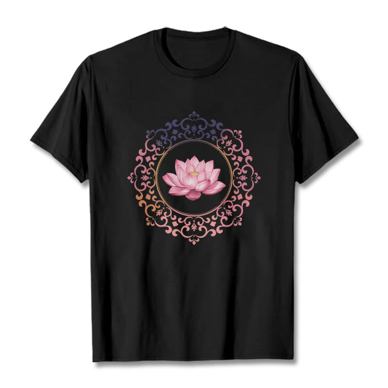 Buddha Stones Mandala Pink Lotus Pattern Tee Cotton T-shirt - Black - 2XL - image 0