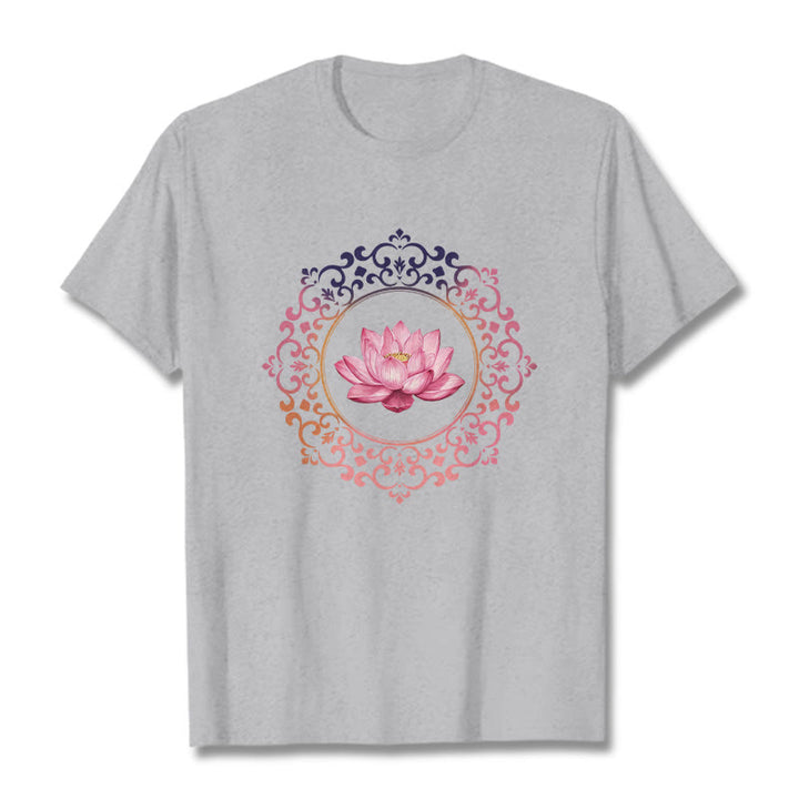 Buddha Stones Mandala Pink Lotus Pattern Tee Cotton T-shirt - LightGrey - 2XL - image 19