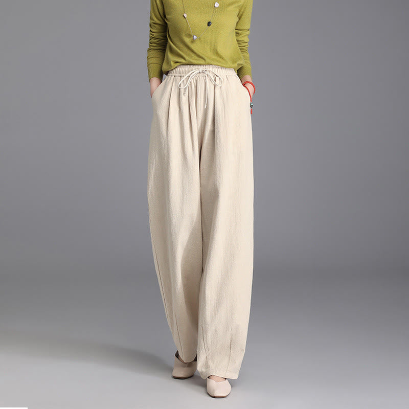 Buddha Stones Women's Casual Vintage Plain Drawstring Carrot Design Cotton Linen Pants With Pockets - image 1