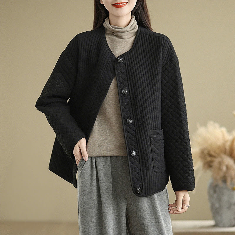 Buddha Stones Women's Vintage Buttons Simple Design Long Sleeve Cotton Jacket With Pockets - Black - US12,UK/AU16,EU44 (2XL) - image 0