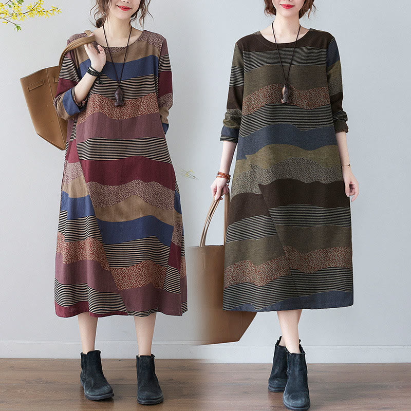 Buddha Stones Ethnic Printing Striped Pattern Long Sleeve Cotton Linen Midi Dress With Pockets - image 0
