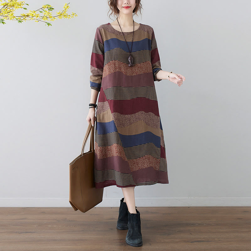 Buddha Stones Ethnic Printing Striped Pattern Long Sleeve Cotton Linen Midi Dress With Pockets - Brown - US8-10,UK/AU12-14,EU40-42 (2XL) - image 1