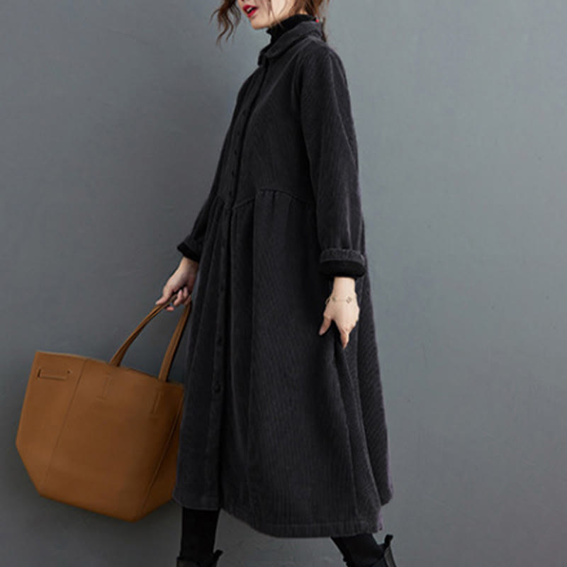 Buddha Stones Plain Buttons Long Sleeve Women's Cotton Corduroy Fleece-Lined Coat With Pockets - image 4