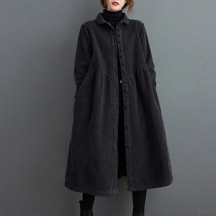 Buddha Stones Plain Buttons Long Sleeve Women's Cotton Corduroy Fleece-Lined Coat With Pockets - Black - US8-10,UK/AU12-14,EU40-42 (2XL) - image 0