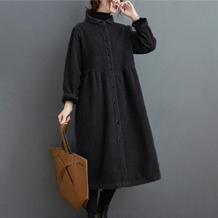 Buddha Stones Plain Buttons Long Sleeve Women's Cotton Corduroy Fleece-Lined Coat With Pockets - image 3