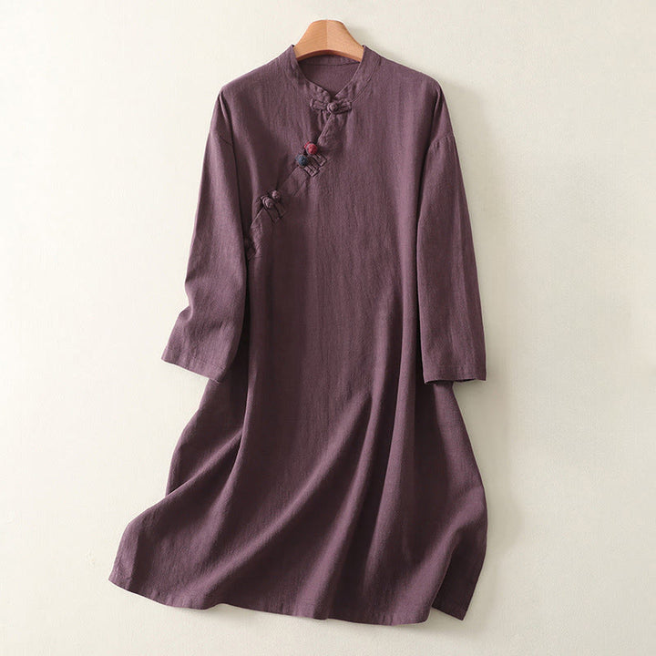 Buddha Stones Spring Diagonal Closure Frog Buttons Design Cotton Long Sleeve Midi Dress - DarkMagenta - US12,UK/AU16,EU44 (2XL) - image 1
