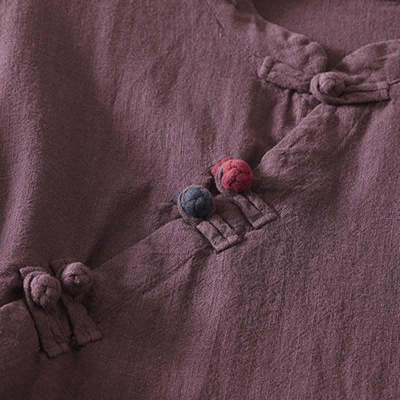 Buddha Stones Spring Diagonal Closure Frog Buttons Design Cotton Long Sleeve Midi Dress - image 3