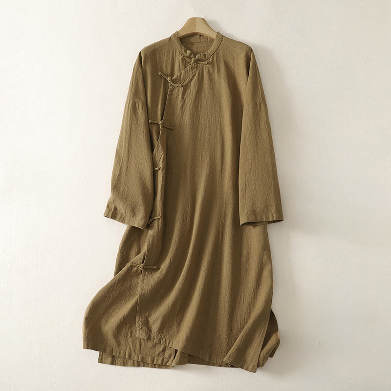 Buddha Stones Vintage Plain Frog Buttons Asymmetrical Design Long Sleeve Cotton Linen Midi Dress - DarkGoldenrod - US12,UK/AU16,EU44 (2XL) - image 1