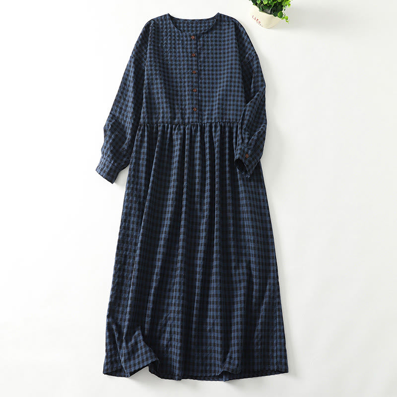 Buddha Stones Retro Contrasting Color Plaid Puff Long Sleeve Cotton Linen Midi Dress With Pockets - DarkBlue - US8-10,UK/AU12-14,EU40-42 (2XL) - image 0