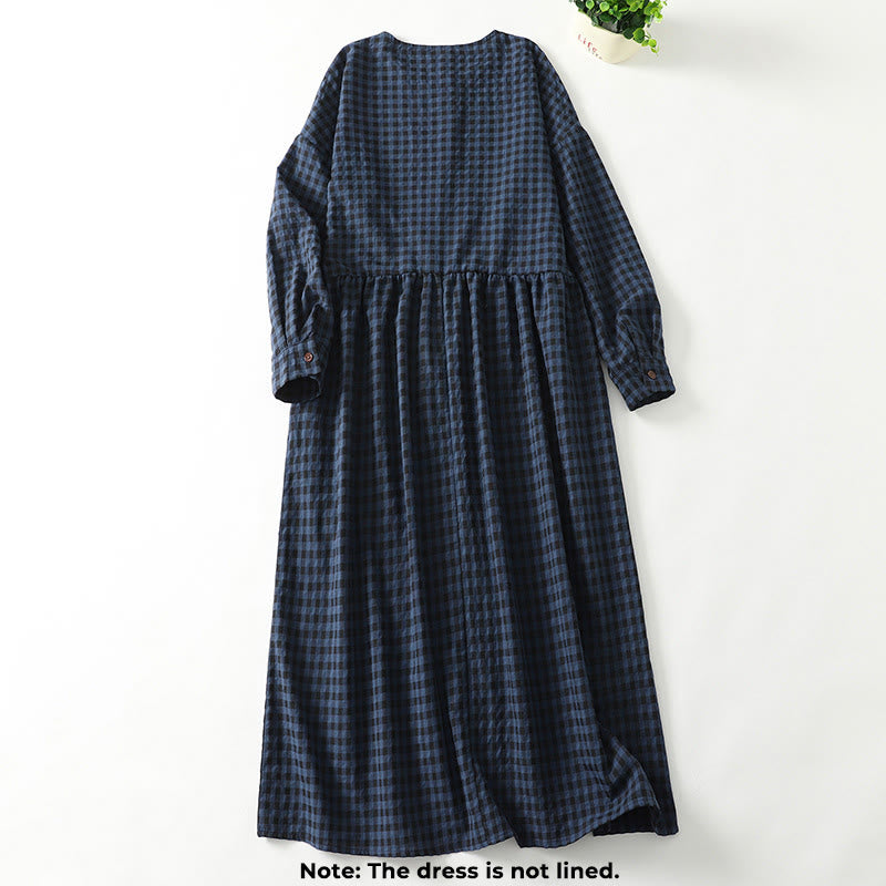 Buddha Stones Retro Contrasting Color Plaid Puff Long Sleeve Cotton Linen Midi Dress With Pockets - image 1