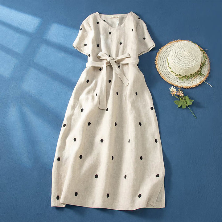 Buddha Stones Casual Dot Pattern Short Sleeve Lace-up Cotton Linen Women's Midi Dress With Pockets - Beige - US8-10,UK/AU12-14,EU40-42 (2XL) - image 7