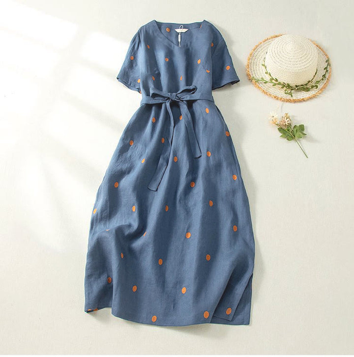 Buddha Stones Casual Dot Pattern Short Sleeve Lace-up Cotton Linen Women's Midi Dress With Pockets - DarkBlue - US8-10,UK/AU12-14,EU40-42 (2XL) - image 0