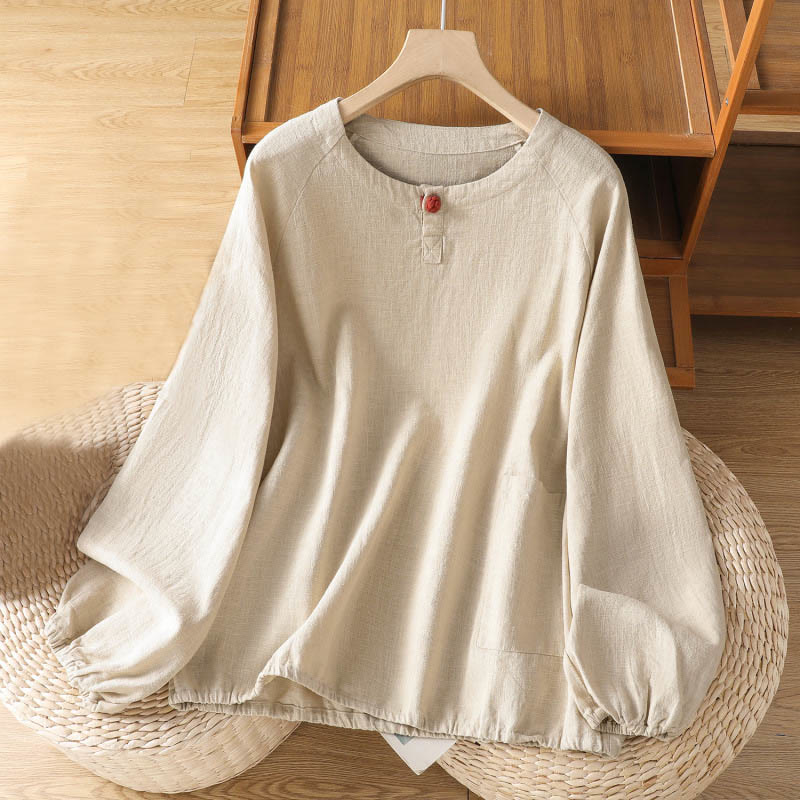 Buddha Stones Casual Plain Long Sleeve Cotton Polyester Women's Shirt - Beige - US14,UK/AU18,EU46 (2XL) - image 0