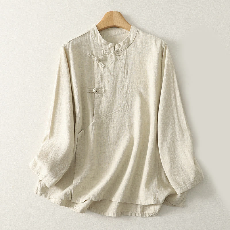 Buddha Stones Casual Plain Frog-buttons Cotton Women's Long Sleeve Shirt - Beige - US8-10,UK/AU12-14,EU40-42 (2XL) - image 6