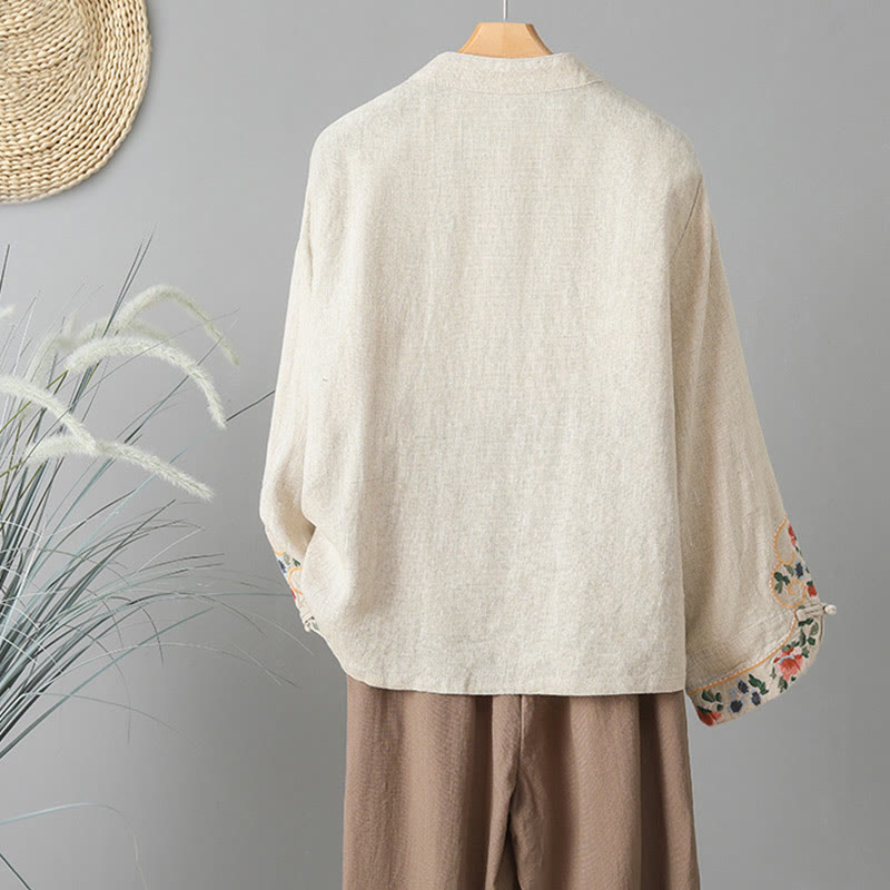 Buddha Stones Embroidery Flower Long Sleeve Frog-buttons Cotton Women's Shirt - image 1