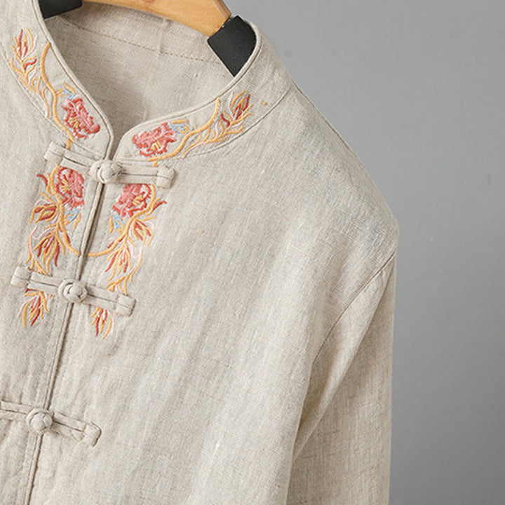 Buddha Stones Embroidery Flower Long Sleeve Frog-buttons Cotton Women's Shirt - image 4