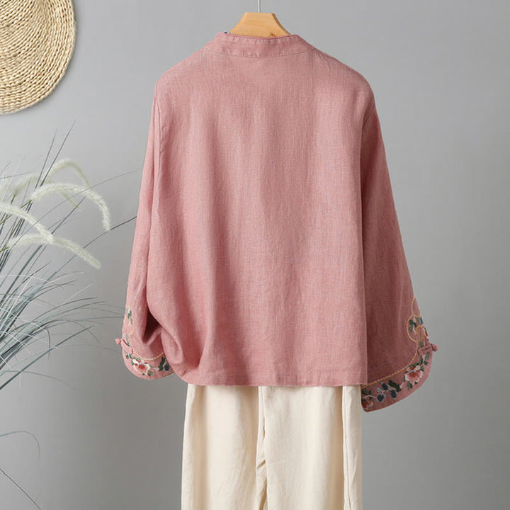 Buddha Stones Embroidery Flower Long Sleeve Frog-buttons Cotton Women's Shirt - image 10