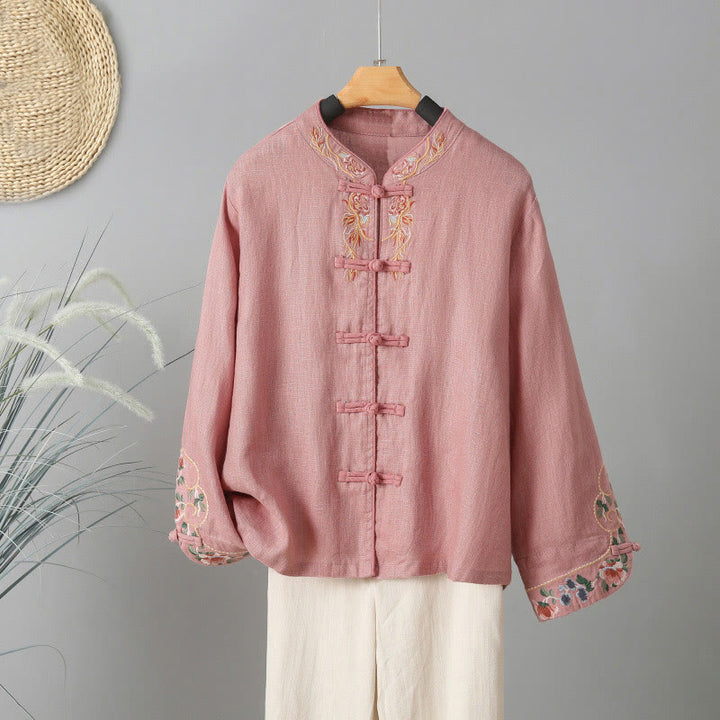 Buddha Stones Embroidery Flower Long Sleeve Frog-buttons Cotton Women's Shirt - LightPink - US12,UK/AU16,EU44 (2XL) - image 9
