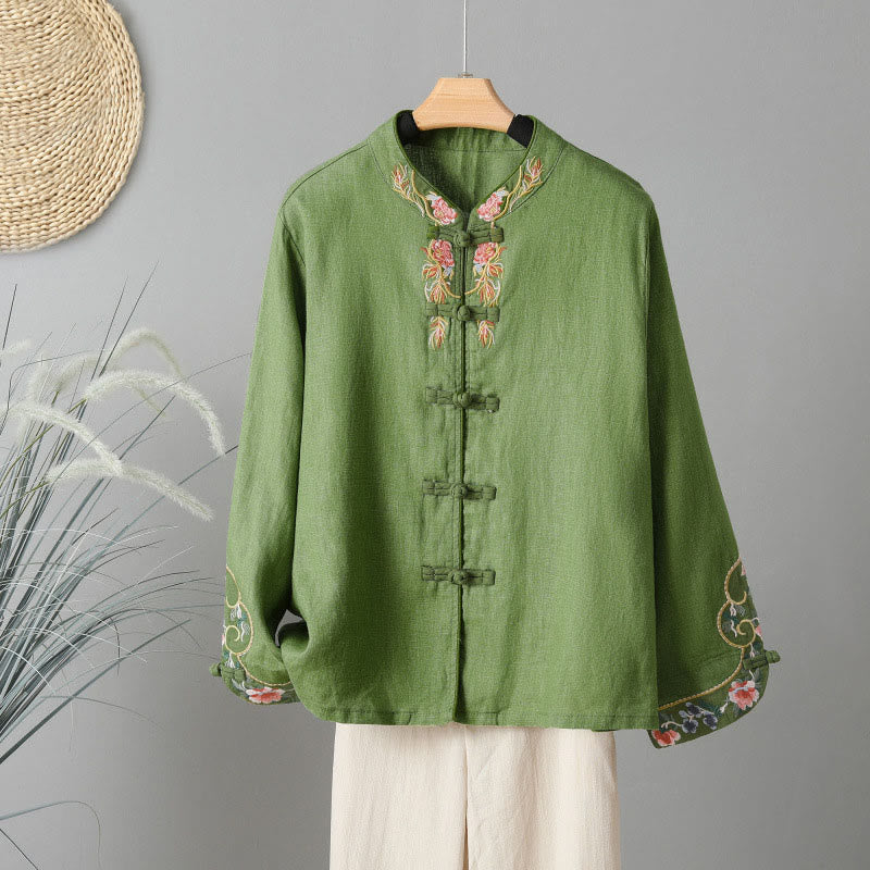 Buddha Stones Embroidery Flower Long Sleeve Frog-buttons Cotton Women's Shirt - OliveDrab - US12,UK/AU16,EU44 (2XL) - image 12