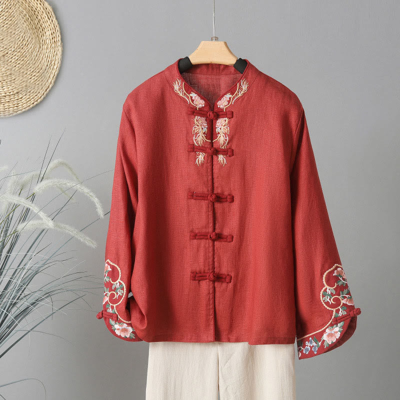 Buddha Stones Embroidery Flower Long Sleeve Frog-buttons Cotton Women's Shirt - FireBrick - US12,UK/AU16,EU44 (2XL) - image 15