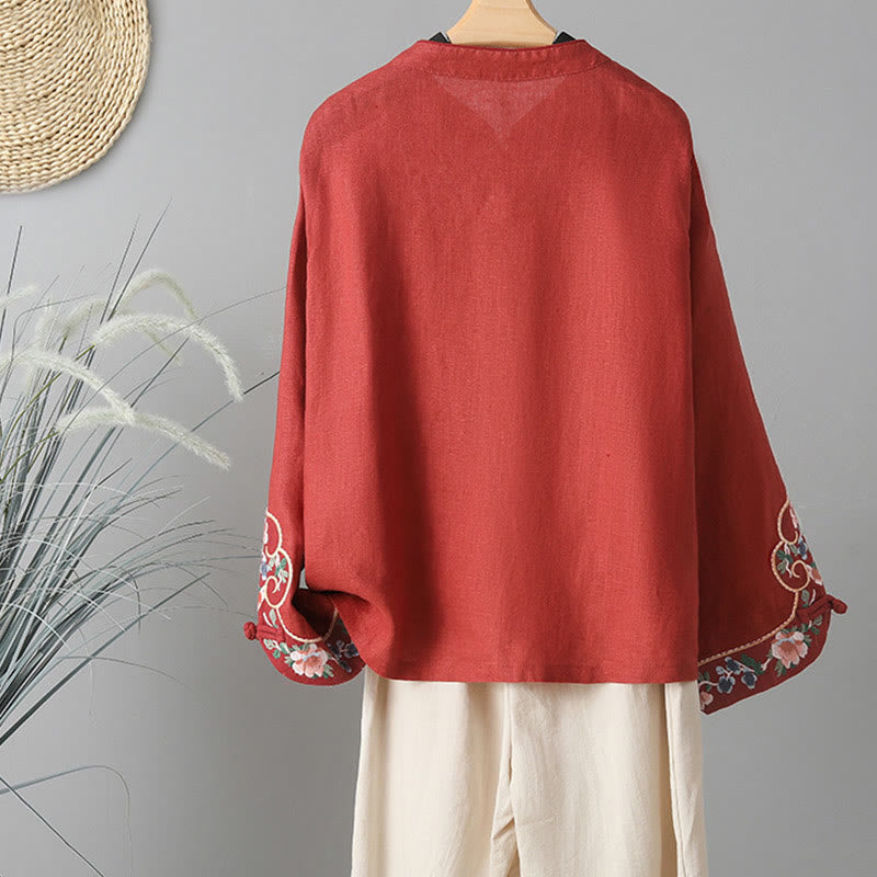 Buddha Stones Embroidery Flower Long Sleeve Frog-buttons Cotton Women's Shirt - image 16