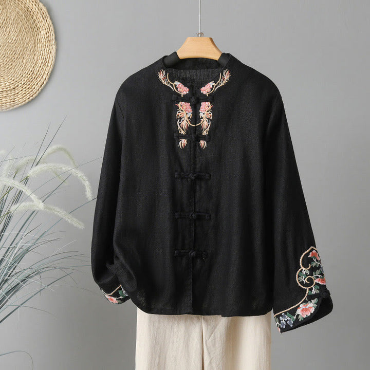 Buddha Stones Embroidery Flower Long Sleeve Frog-buttons Cotton Women's Shirt - Black - US12,UK/AU16,EU44 (2XL) - image 18
