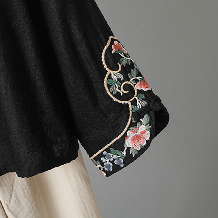 Buddha Stones Embroidery Flower Long Sleeve Frog-buttons Cotton Women's Shirt - image 21