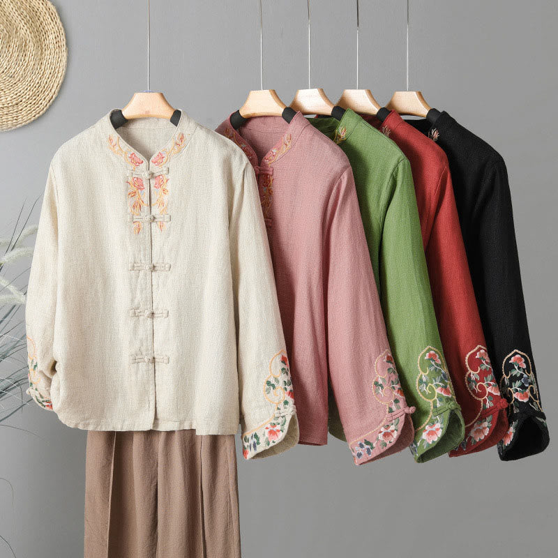 Buddha Stones Embroidery Flower Long Sleeve Frog-buttons Cotton Women's Shirt - image 25
