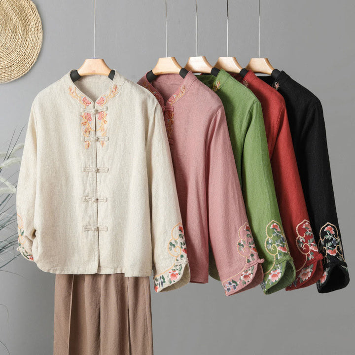 Buddha Stones Embroidery Flower Long Sleeve Frog-buttons Cotton Women's Shirt - image 25