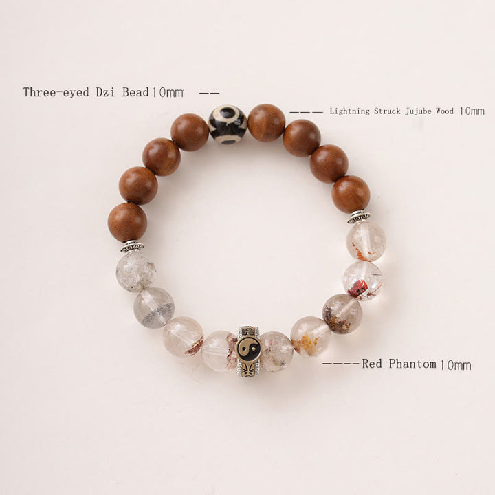 Buddha Stones Lightning Struck Wood Red Phantom Yin Yang Protection Bracelet - image 2