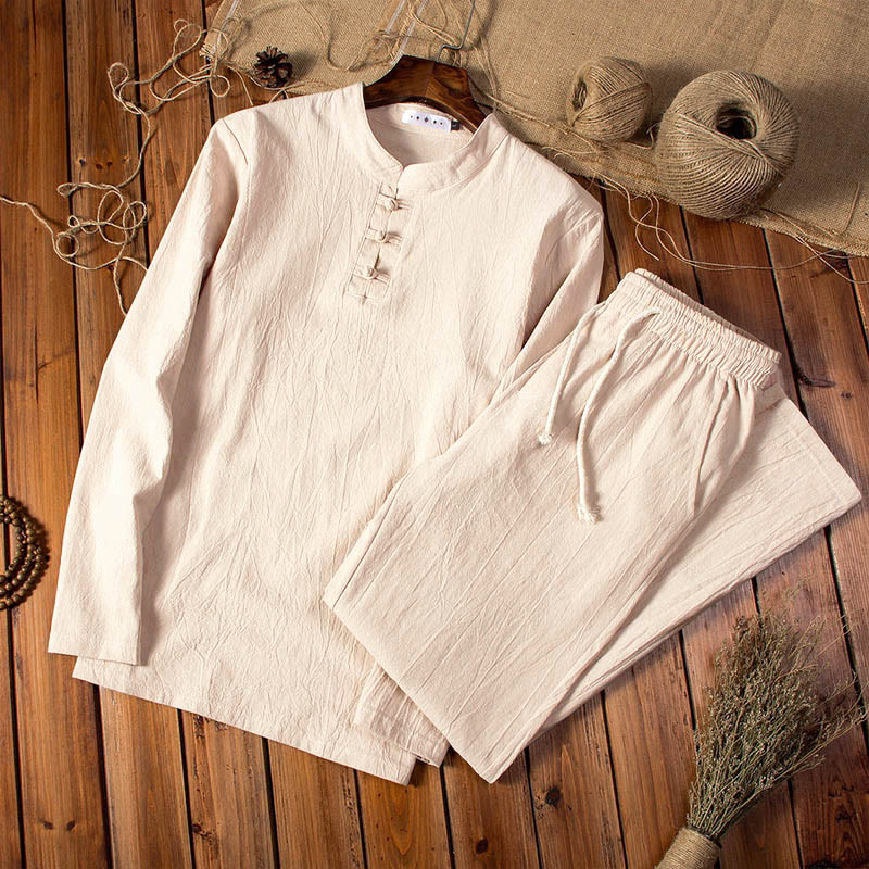 Buddha Stones Pure Color Cotton Linen Long Sleeve Top Pants Clothing Men's Set - Moccasin - US/UK/AU44,EU54 (5XL) - image 1