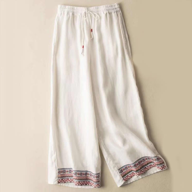 Buddha Stones Plain Bohemian Stripes Women's Wide Leg Cotton Pants With Pockets - White - US14,UK/AU18,EU46 (4XL) - image 3