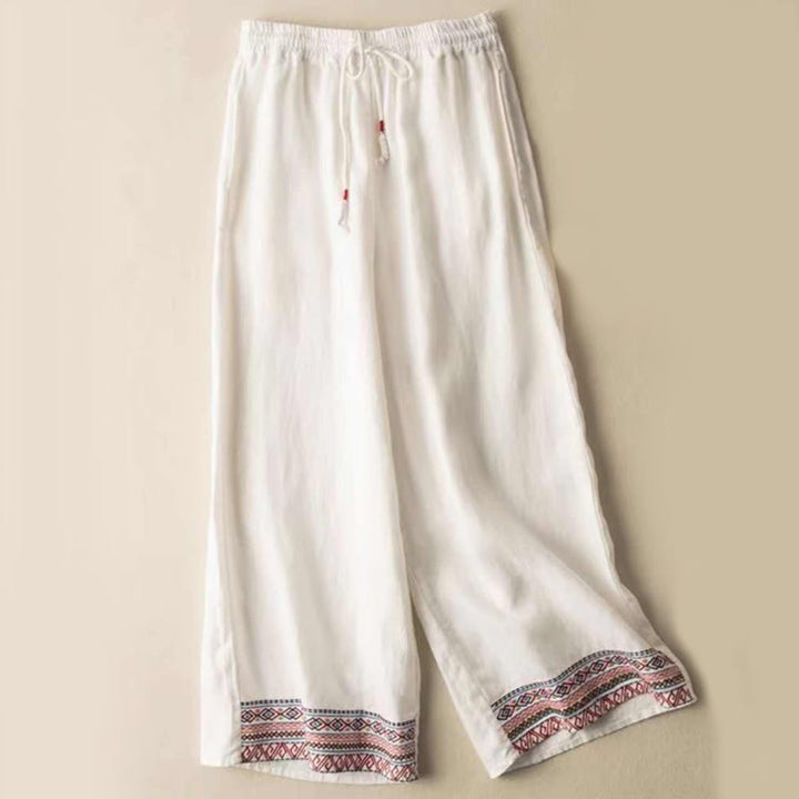 Buddha Stones Plain Bohemian Stripes Women's Wide Leg Cotton Pants With Pockets - White - US14,UK/AU18,EU46 (4XL) - image 3
