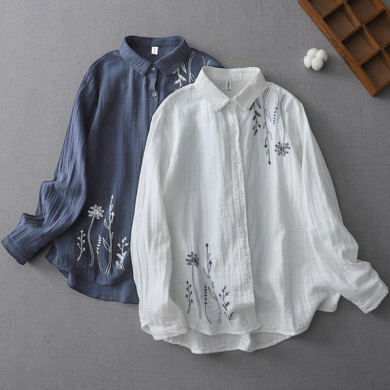 Buddha Stones Fall Dandelion Flower Buttons Long Sleeve Women's Cotton Shirt - image 0
