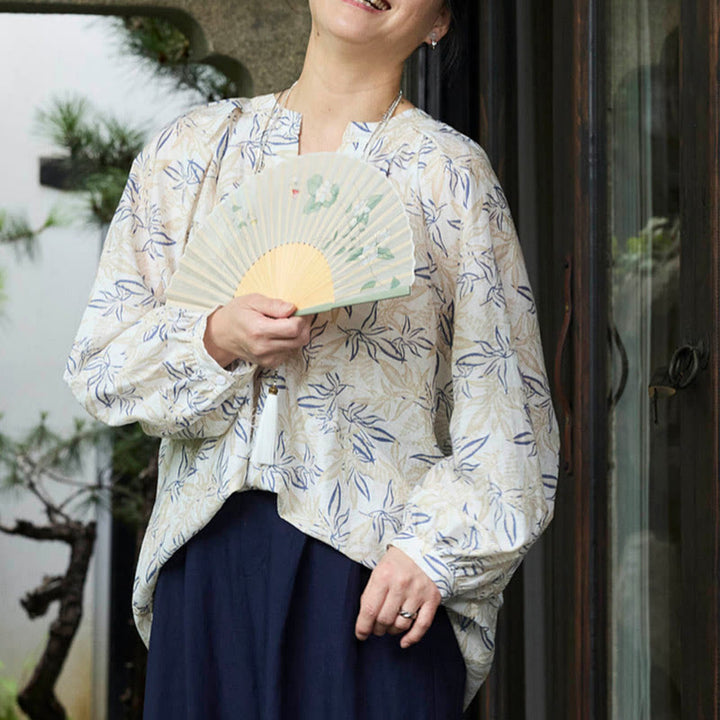 Buddha Stones Blue Beige Flowers Notched Design Long Sleeve Women's Shirt For Older Adults - image 19